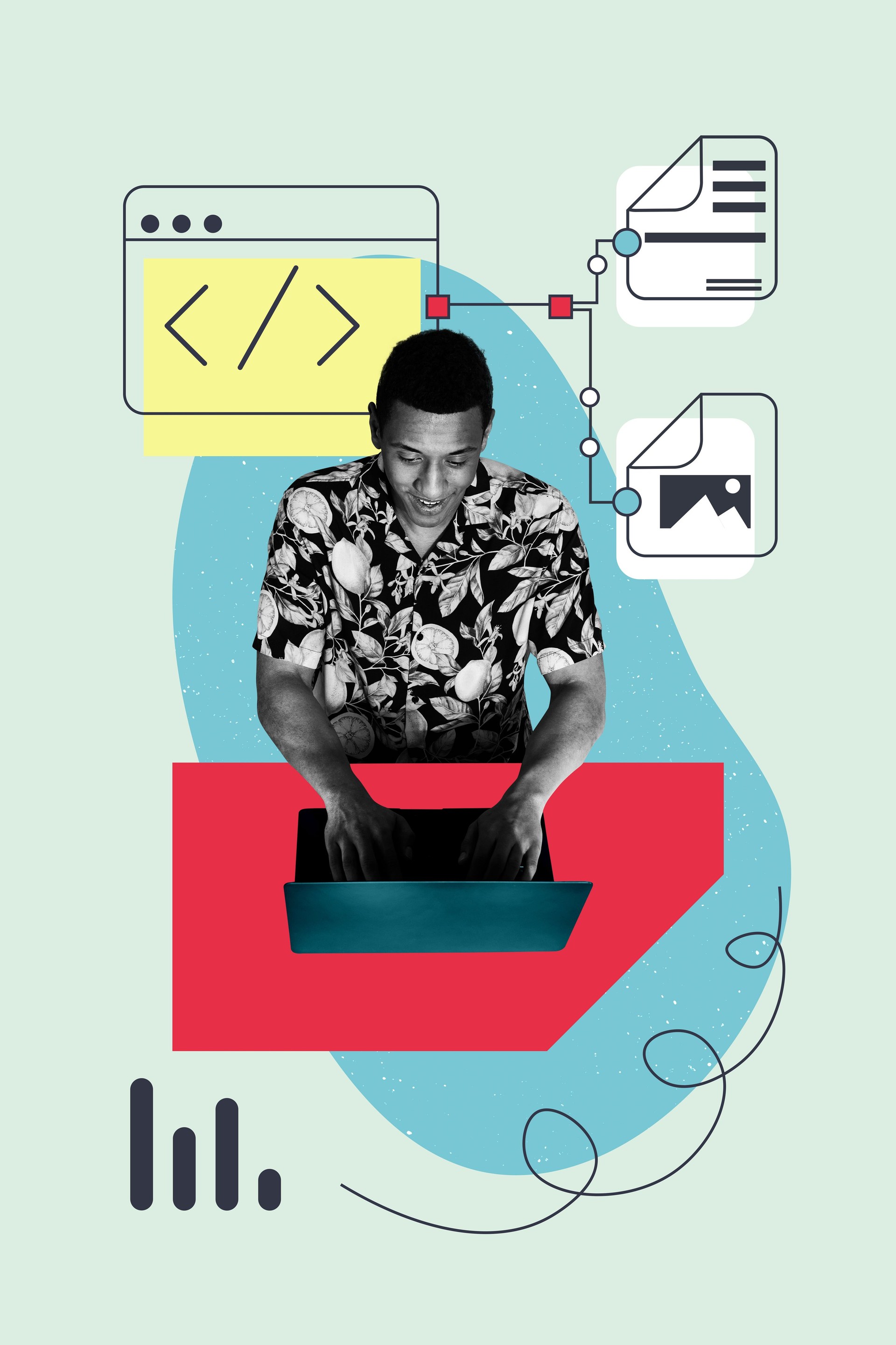 Photo poster 3d image collage banner of happy american businessman type laptop interface icon development app tab folder script